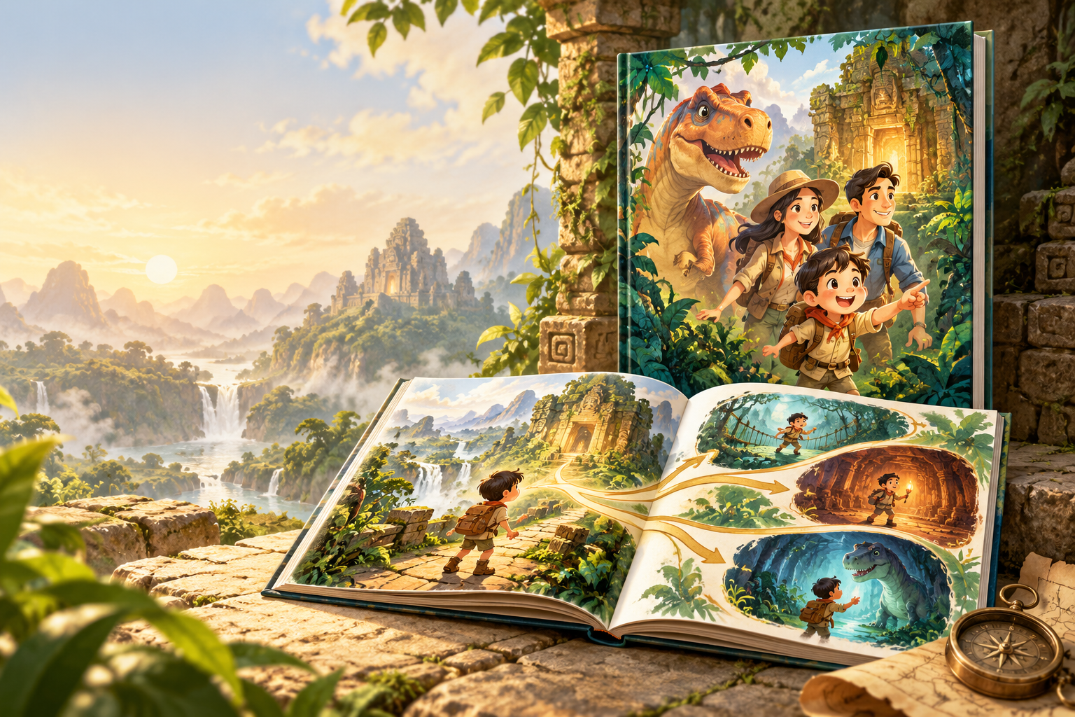 Generic illustrated hardcover dinosaur adventure book with an open branching story spread.